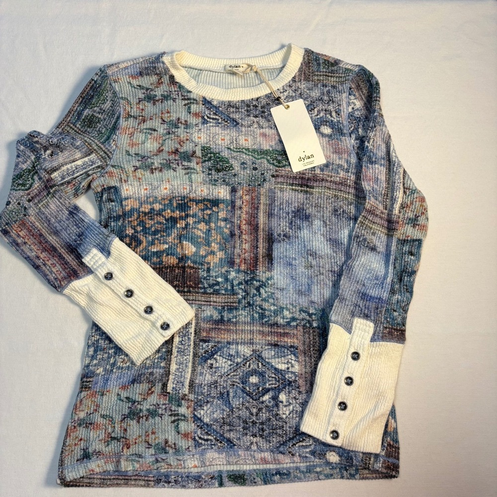 Dylan, Long Sleeve Waffle Knit Top, Blue Multi, Small, NWT
